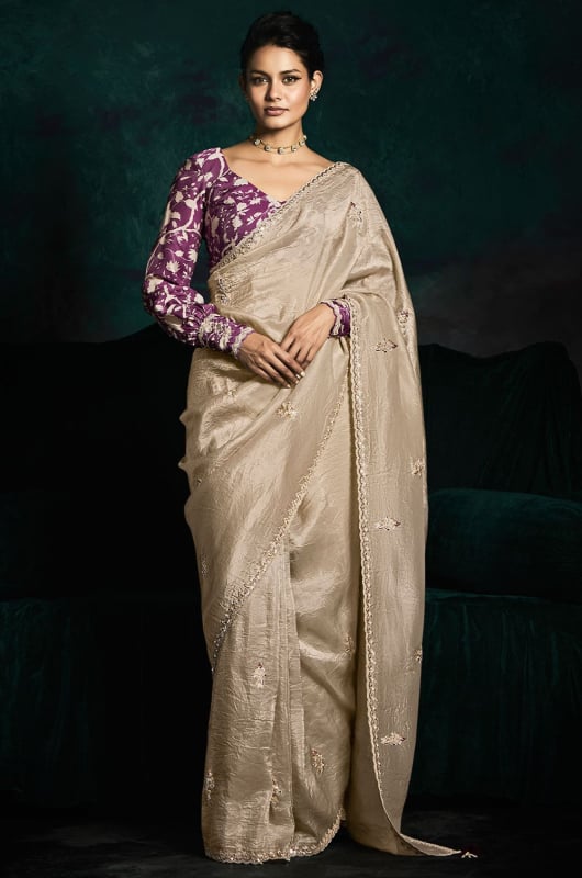 Dusty Cream Embroidered Designer Saree for Wedding