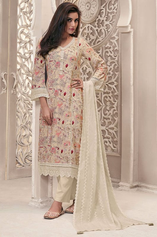 Dusty Cream Linen Fabric with Floral Printed and Schiffli work Kurta Set