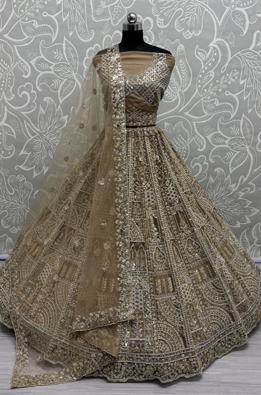 Dusty Golden Embroidered Net Bridal Lehenga Choli