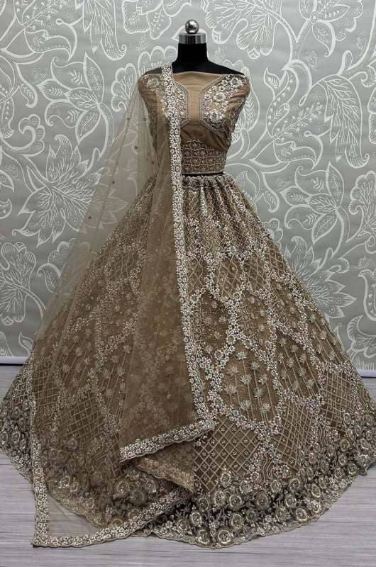 Dusty Golden Embroidered Net Lehenga Choli for Wedding