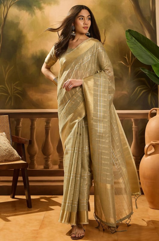 Dusty Green Khadi Organza Woven Jacquard Saree