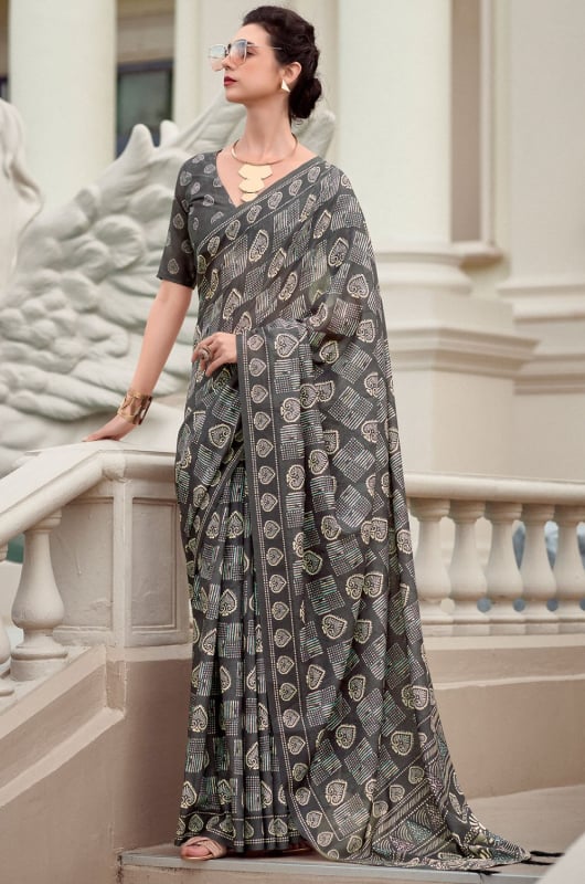Dusty Grey Digital Print Pure Mal Mal Silk Saree