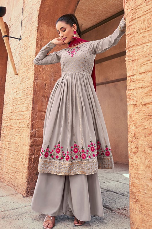 Dusty Grey Georgette Readymade Palazzo Kameez