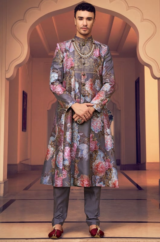 Dusty Grey Viscose Silk Designer IndoWestern