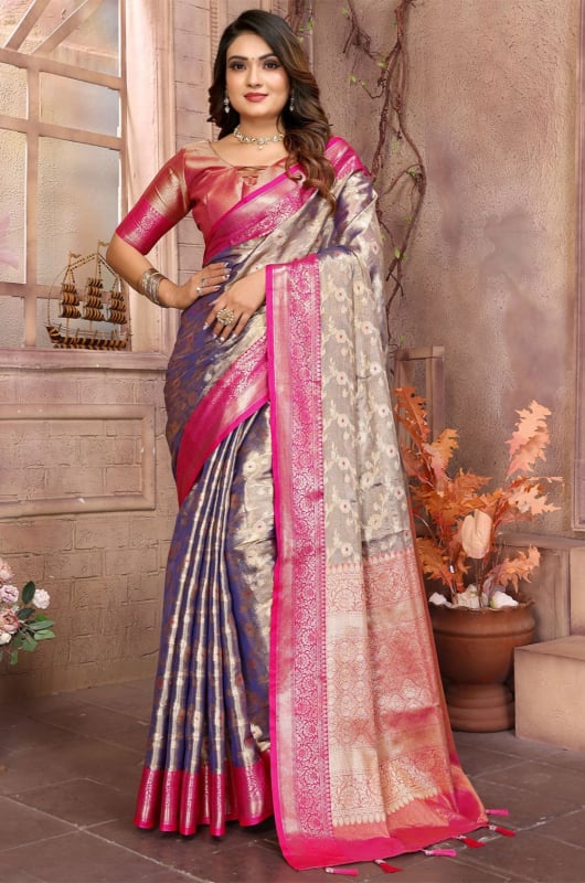 Dusty Grey Woven Handloom Tissue Silk Saree