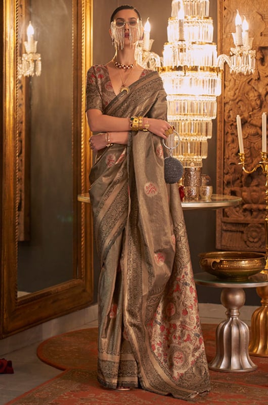 Dusty Grey Zari Woven Handloom Silk Saree