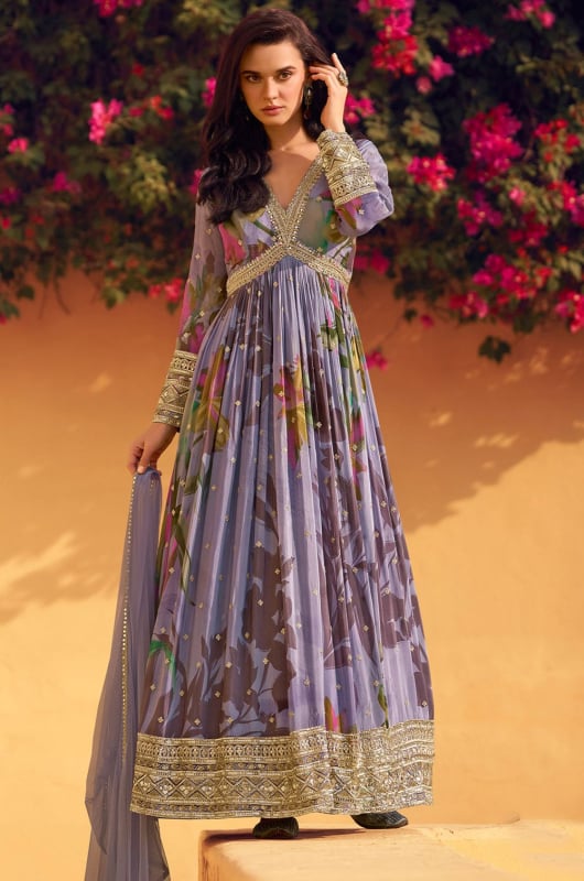 Dusty Lavender Chinnon Silk Anarkali Gown with Dupatta