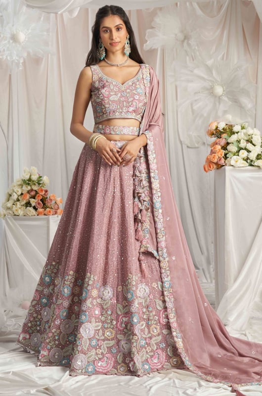 Dusty Pink Embroidered Designer Lehenga Choli Set for Ceremonial