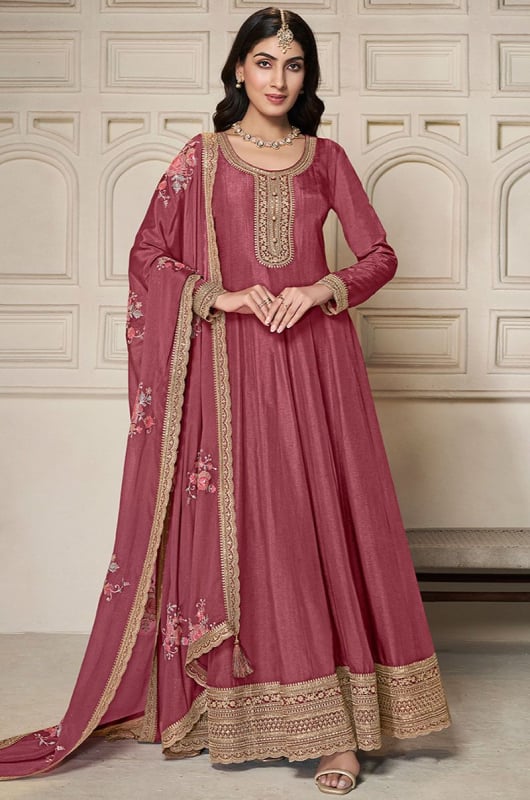 Dusty Pink Embroidered Dola Silk Anarkali Gown with Dupatta