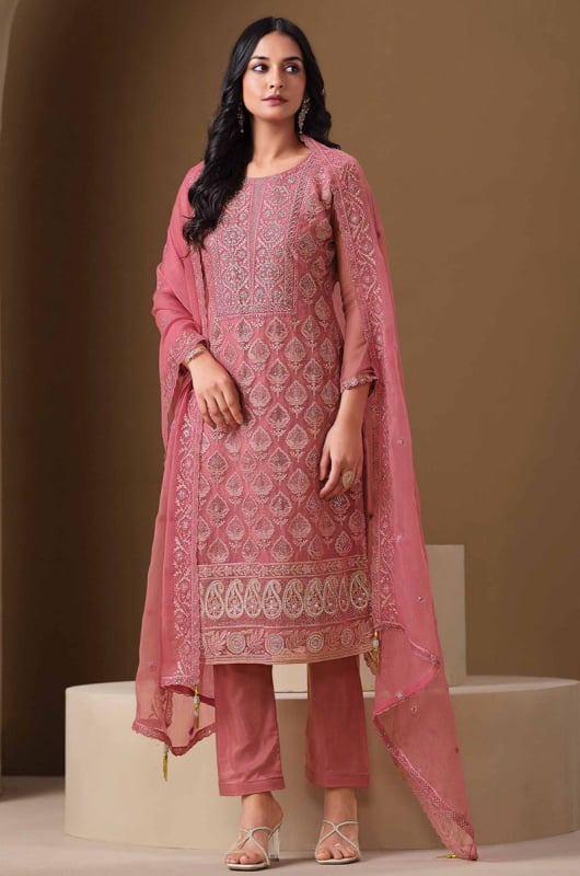 Dusty Pink Lakhnavi Embroidered Chiffon Plus Size Suit