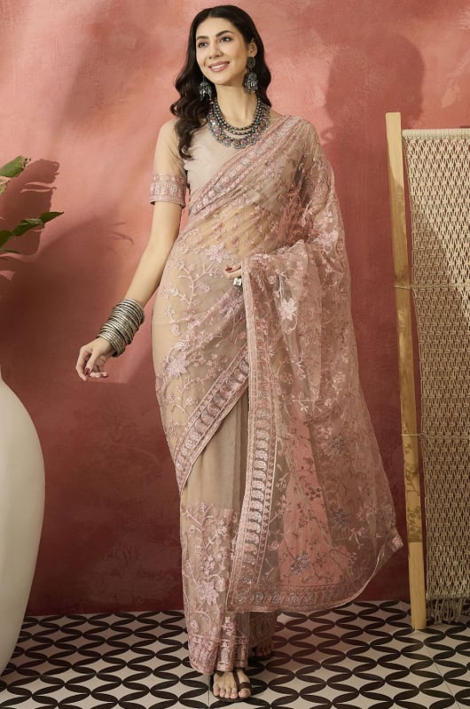 Dusty Pink Net Embroidered Party Wear Saree