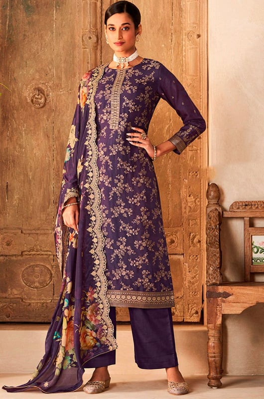 Dusty Purple Embroidered Viscose Dola Silk Trouser Kameez