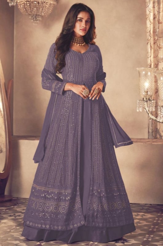 Dusty Purple Resham Embroidered Georgette Lehenga Kameez