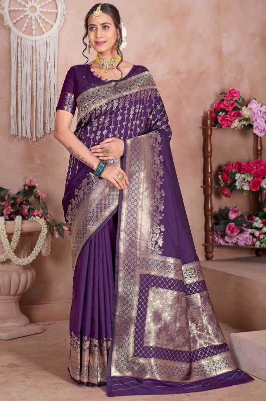 Burgundy Zari Woven Soft Silk Saree