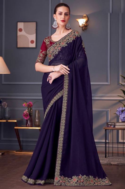 Eggplant Embroidered Georgette Designer Saree