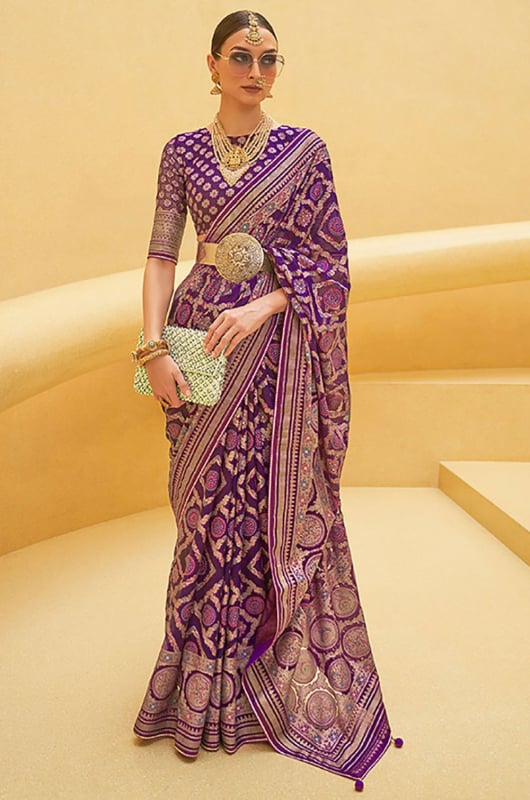 Eggplant Printed Organza Brasso Party Wear Saree