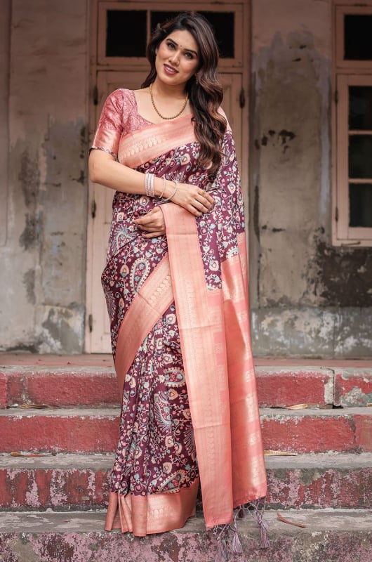 Elegant Wine Maroon Banarasi Silk Saree