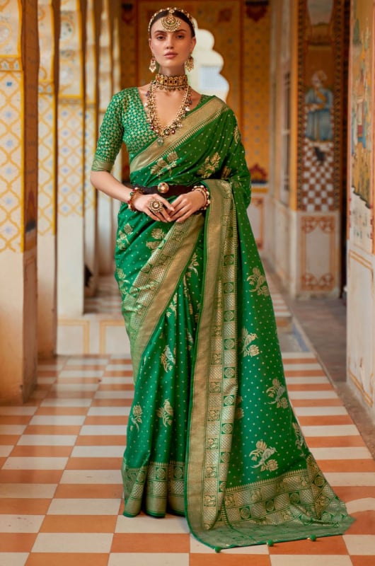 Emerald Green Foil Print Silk Saree for Festival
