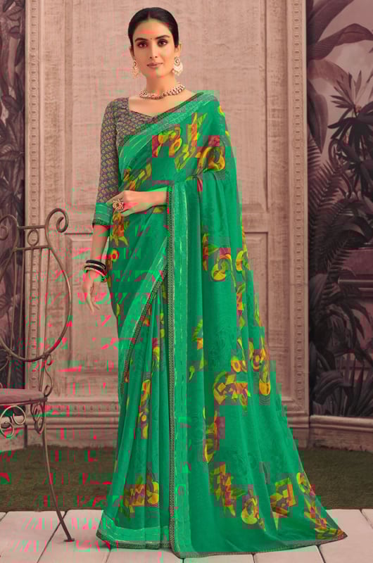 Emerald Green Printed Casual Georgette Saree