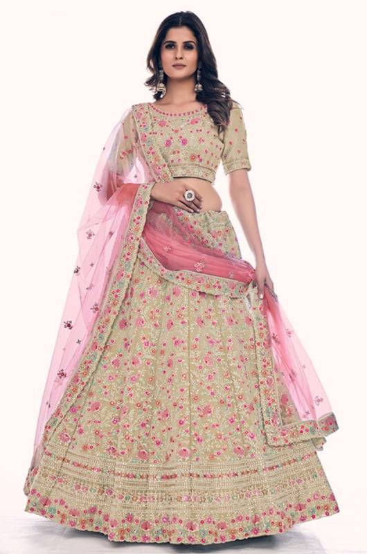 Fawn Embroidered Gota Silk Bridal Lehenga Choli Set for Wedding