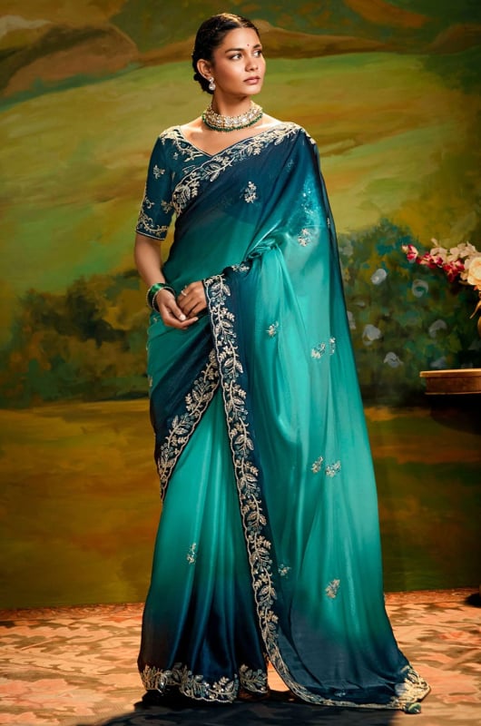 Firozi and Teal Blue Embroidered Designer Saree for Wedding