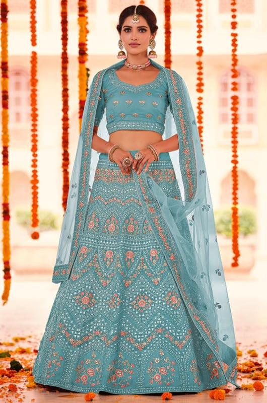 Firozi Blue Organza Bridal Lehenga Choli for Wedding