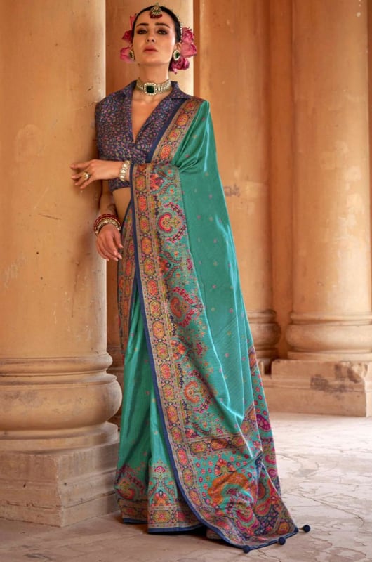 Firozi Embellished Viscose Silk Saree