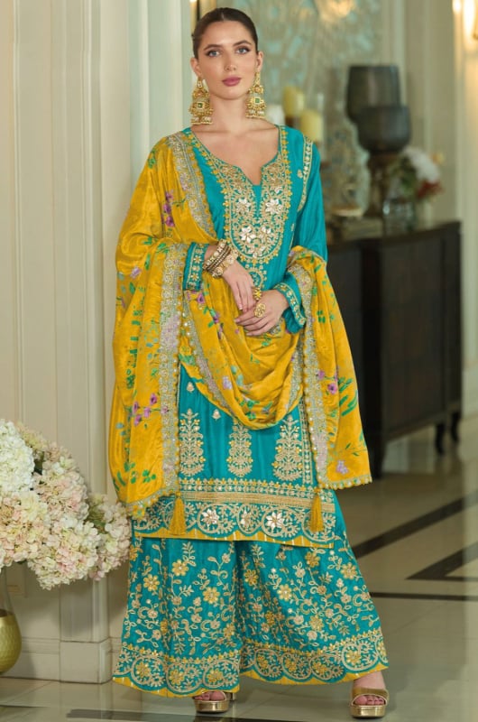Firozi Embroidered Chinnon Silk Palazzo Kameez