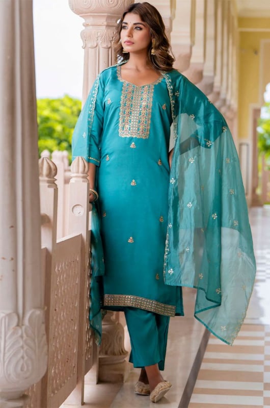 Firozi Embroidered Silk Blend Readymade Suit