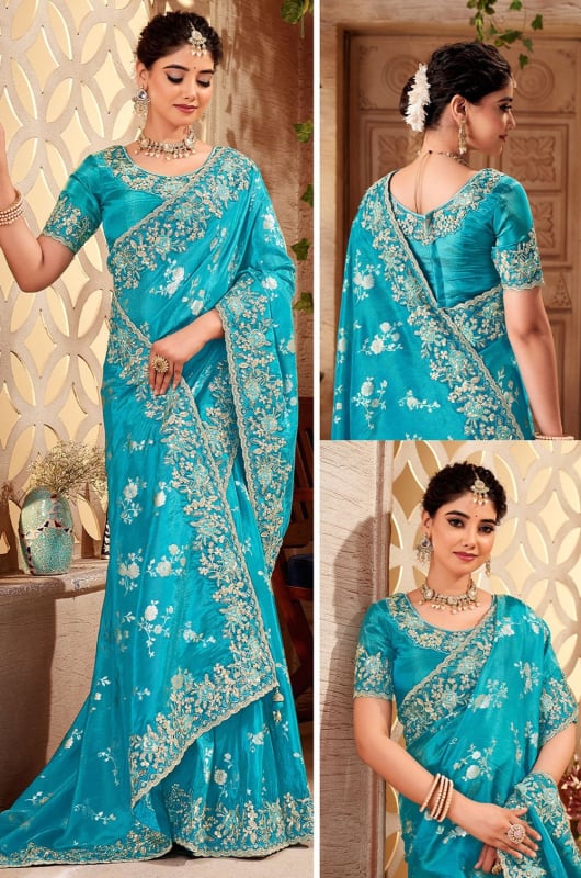 Firozi Embroidered Viscose Designer Saree