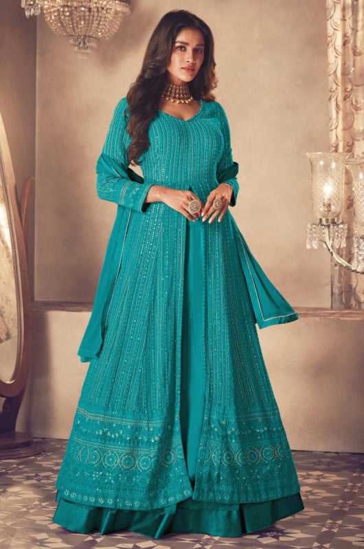 Firozi Resham Embroidered Georgette Lehenga Kameez