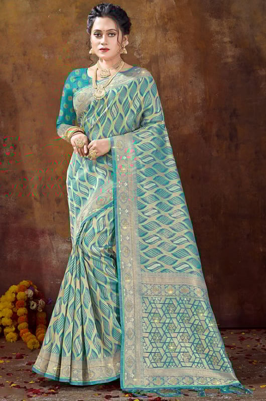 Firozi Woven Organza Saree