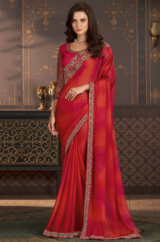 Flame Orange and Magenta Chiffon Silk Saree with Embroidered Blouse