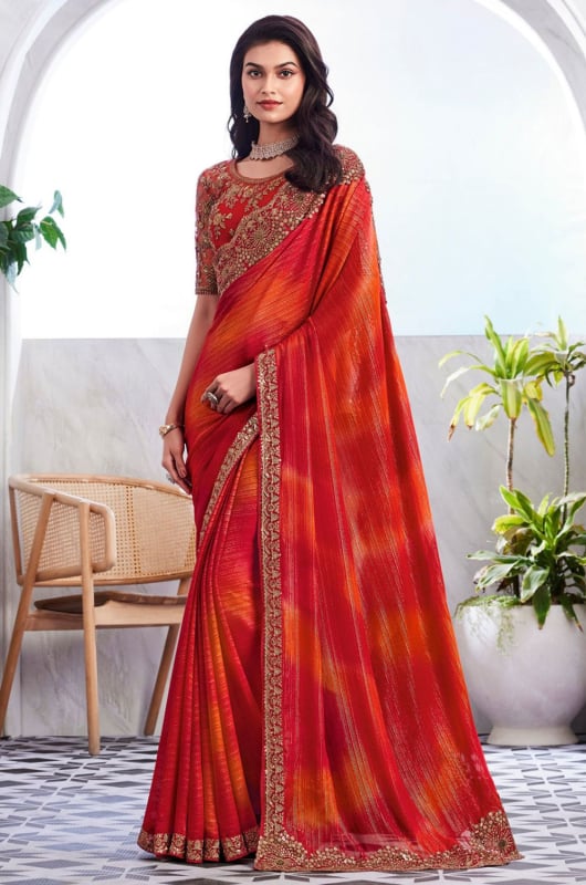 Flame Orange Designer Saree with Embroidered Blouse