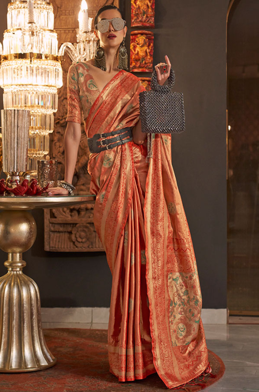 Flame Orange Zari Woven Handloom Silk Saree