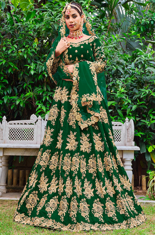 Buy Forest Green Embroidered Velvet Bridal Lehenga Choli Online