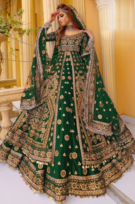 Forest Green Embroidered Velvet Bridal Lehenga Kameez