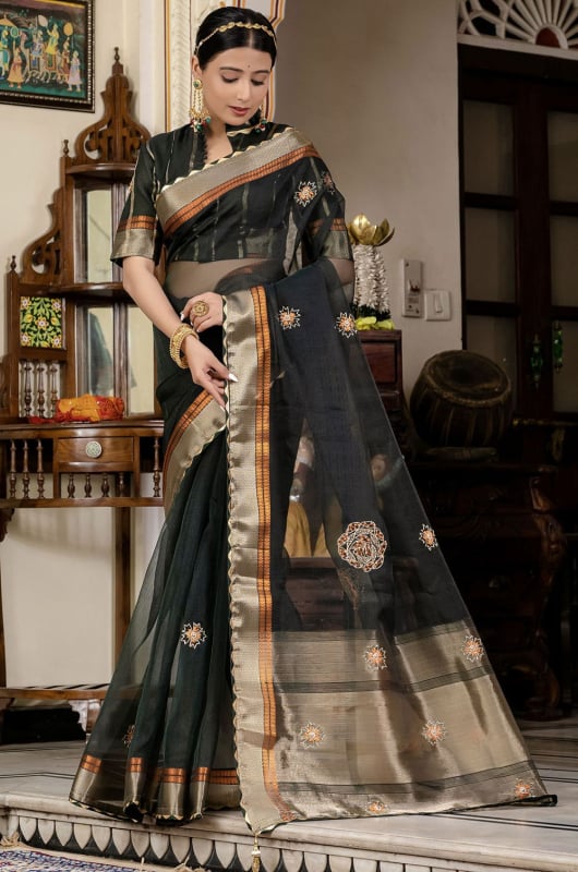 Forest Green Handwork Kota Linen Saree