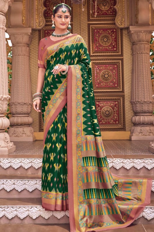Forest Green Printed Silk Saree for Festival