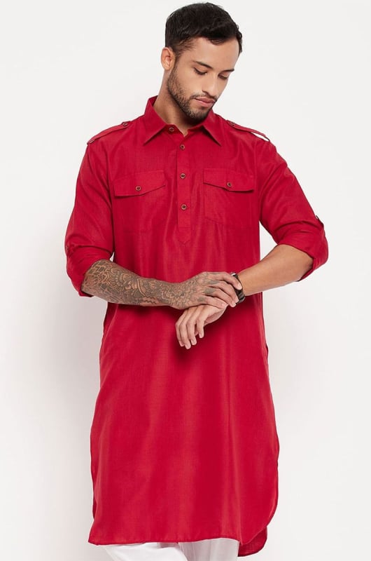 Fuchsia Cotton Blend Pathani Kurta