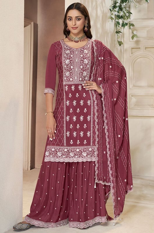 Garnet Brown Embroidered Chinnon Readymade Palazzo Kameez