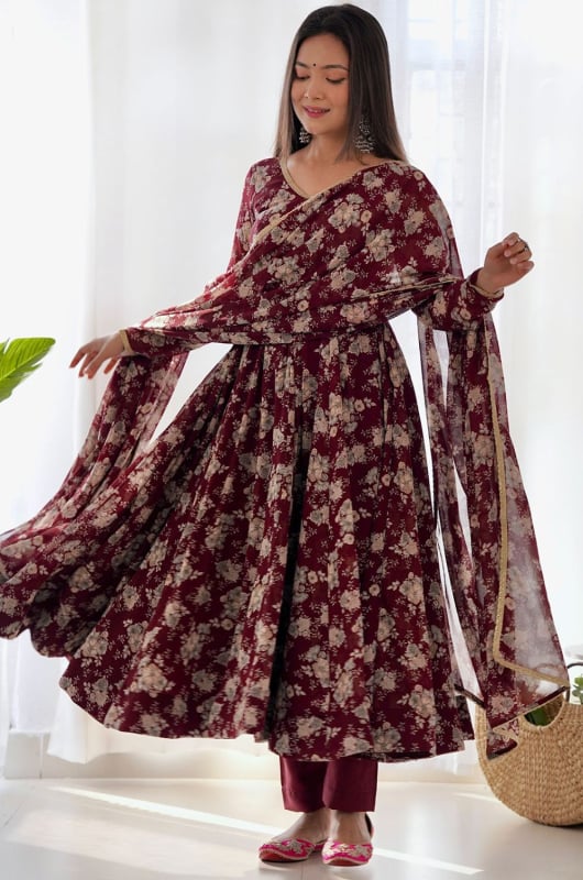 Garnet Maroon Floral Print Faux Georgette Readymade Anarkali Suit