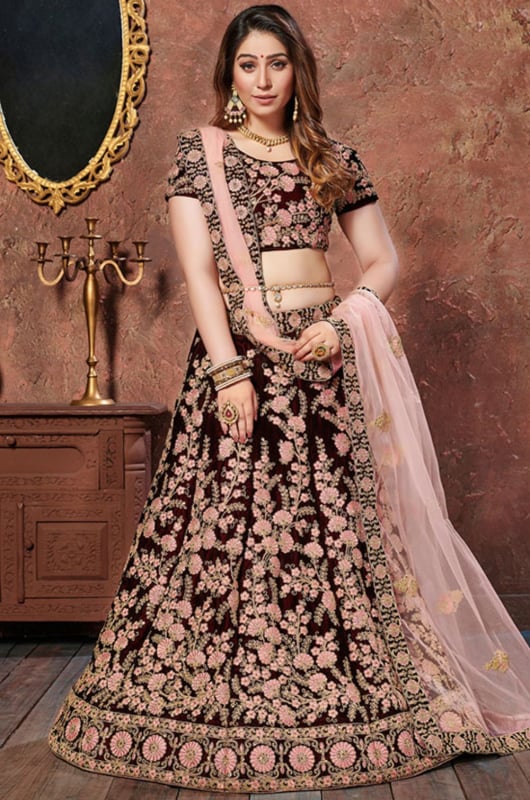 Garnet Maroon Velvet Embroidered Lehenga Choli for Wedding