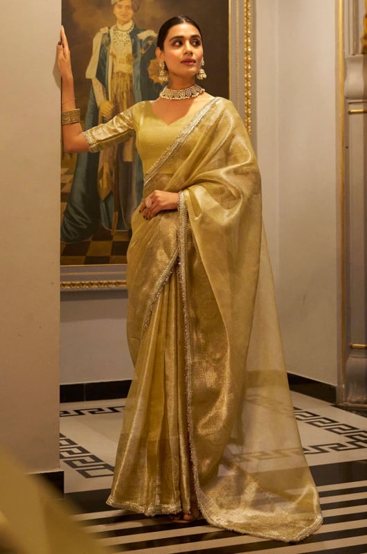 Golden Tissue Shimmer Party Wear Saree
