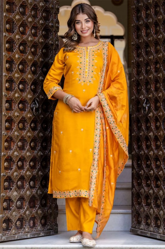Golden Yellow Embroidered Silk Blend Readymade Suit