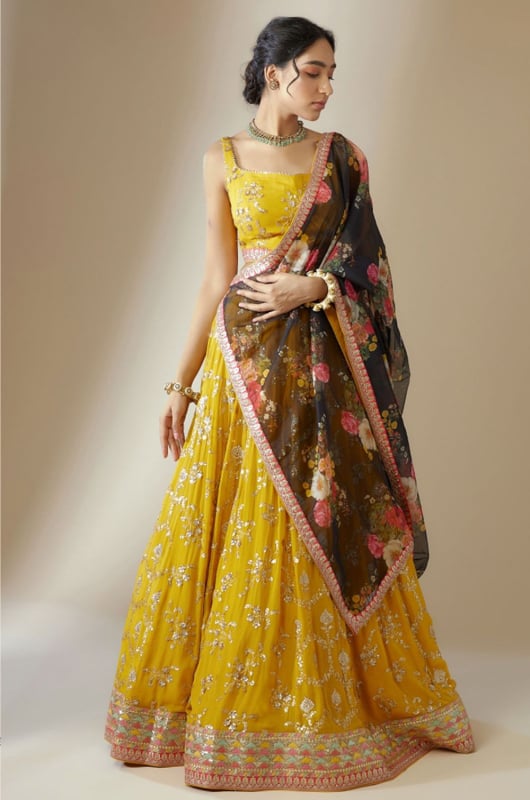 Golden Yellow Georgette Heavy Designer Lehenga Choli Set for Wedding