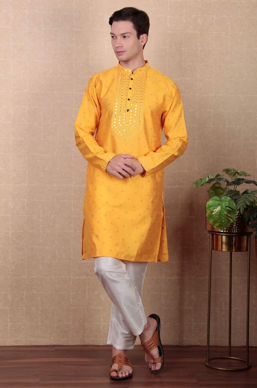 Golden Yellow Mirror Work Jacquard Silk Kurta Set