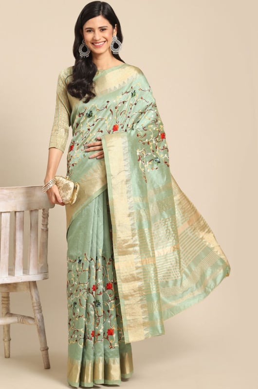 Green Assam Cotton Silk Jacquard Woven Embroidery Work Party Wear Saree