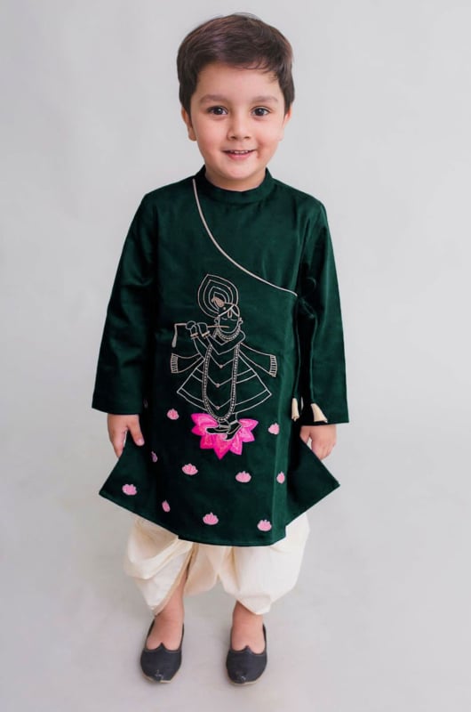 Green Dupion Silk Boys Kurta for Festival