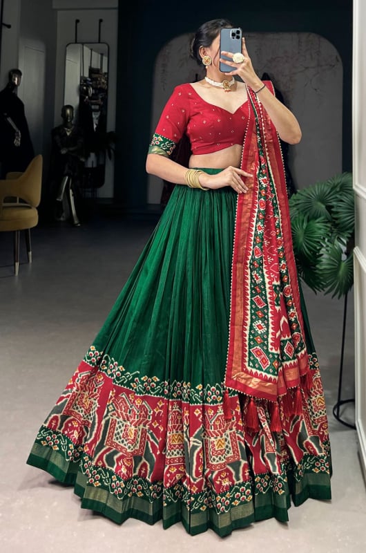 Green Tussar Silk Patola Printed Party Wear Lehenga Choli Set
